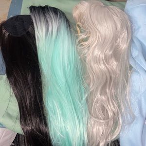 Silver wig green wig and brown faux ponytail bundle